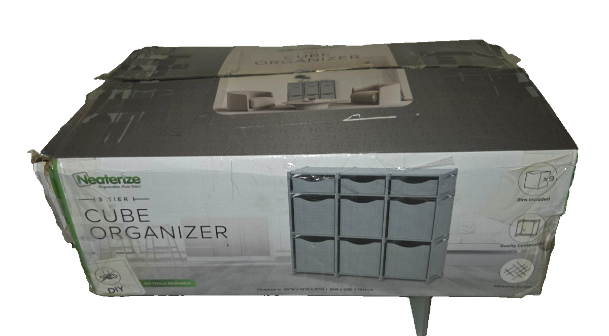 Neaterize 3-Tier Cube Organizer – 9 Cube Storage Shelf – Gray – New Open Box