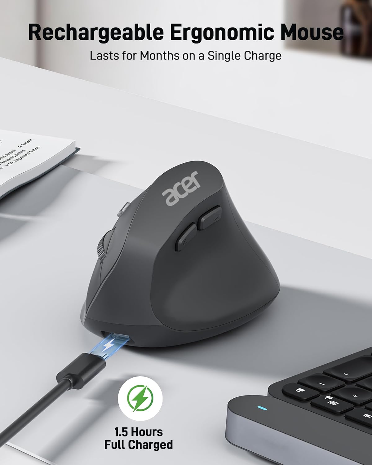 Lot of 3 - Acer Wireless Ergonomic Mice - Black Rechargeable Via USB With Adjustable DPI