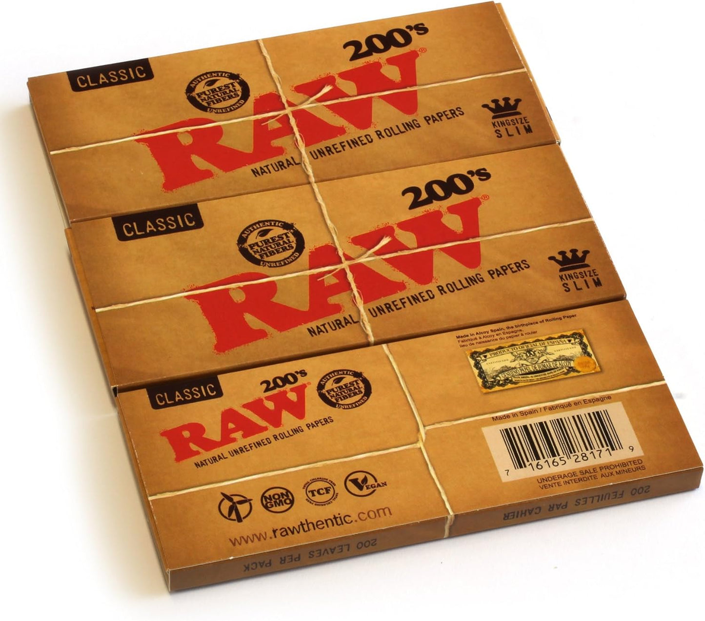 Lot of 3 - RAW Classic 200’s Slow Burning Papers – Nine Pack - 1800 Papers - King Size Slim