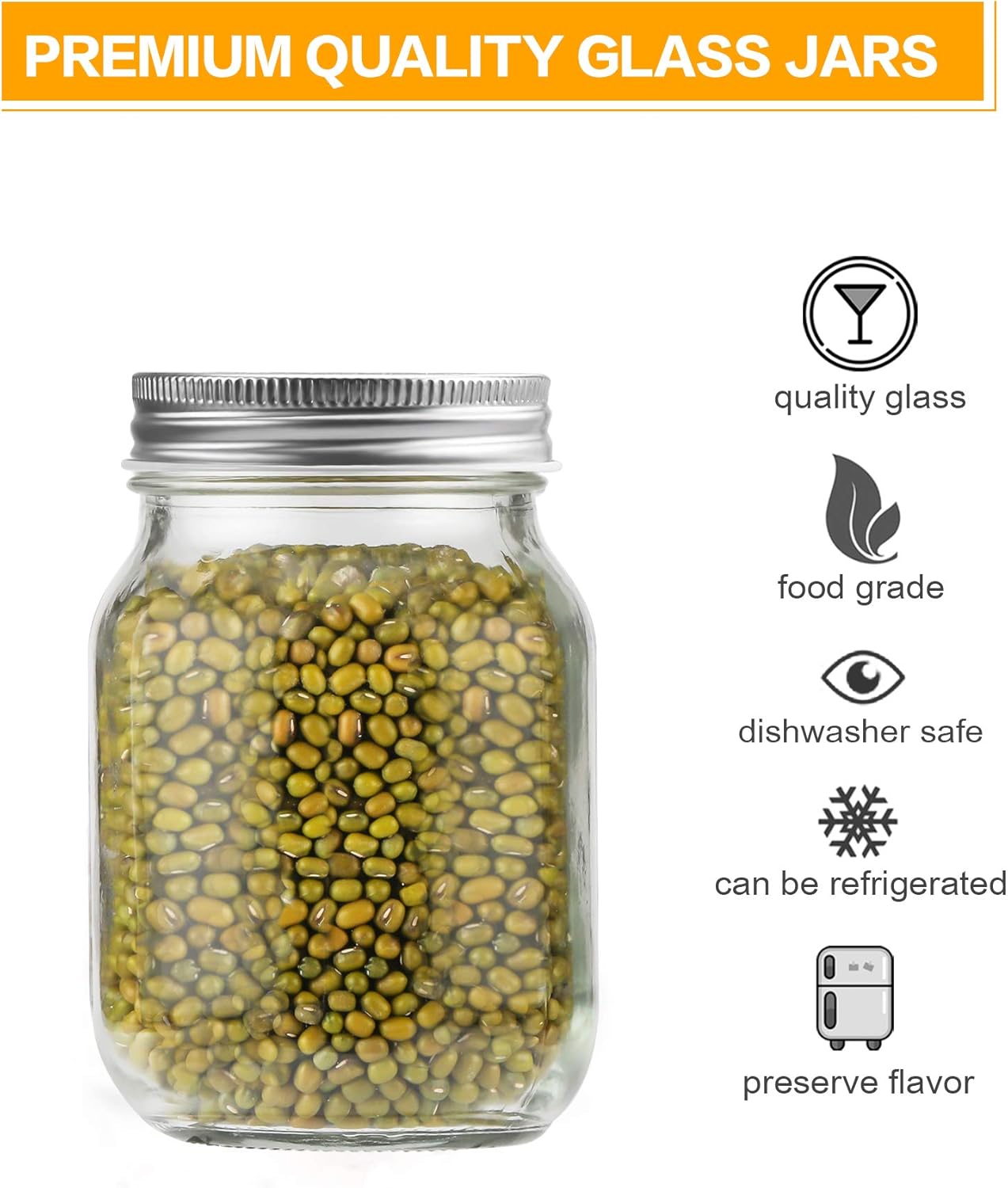 8 Pack of Mason Jars - Glass Set with Lids & Labels - 16oz