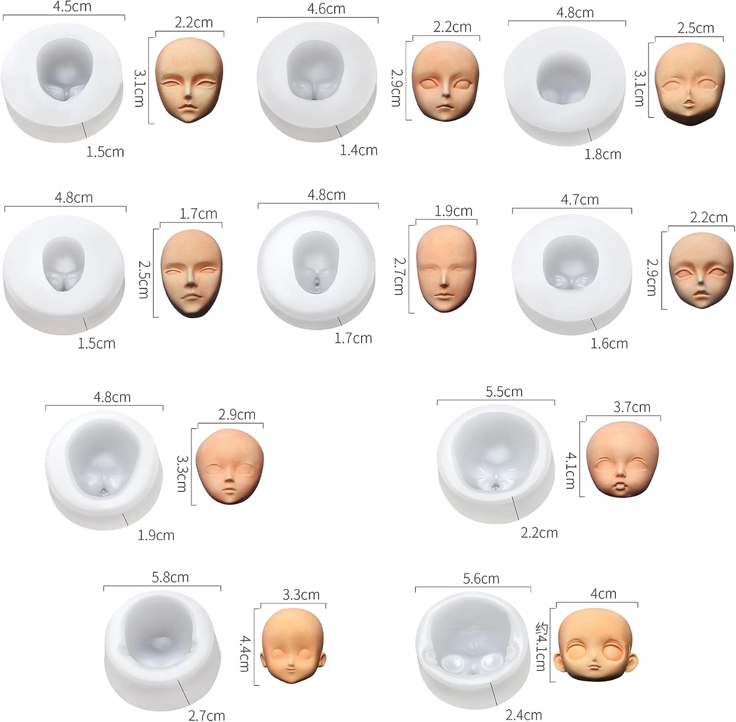 Lot of 16 - HJACS Face Polymer Clay Silicone Molds Kids Faces UV Resin Craft Mold Set by HJACS