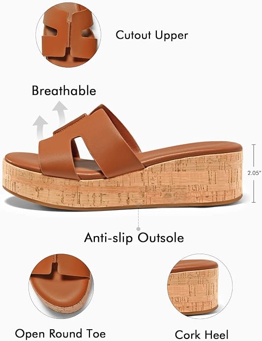 Coutgo Women's Cork Platform Slide Sandals Brown Slip On Buckle Size 8.5 New by Coutgo