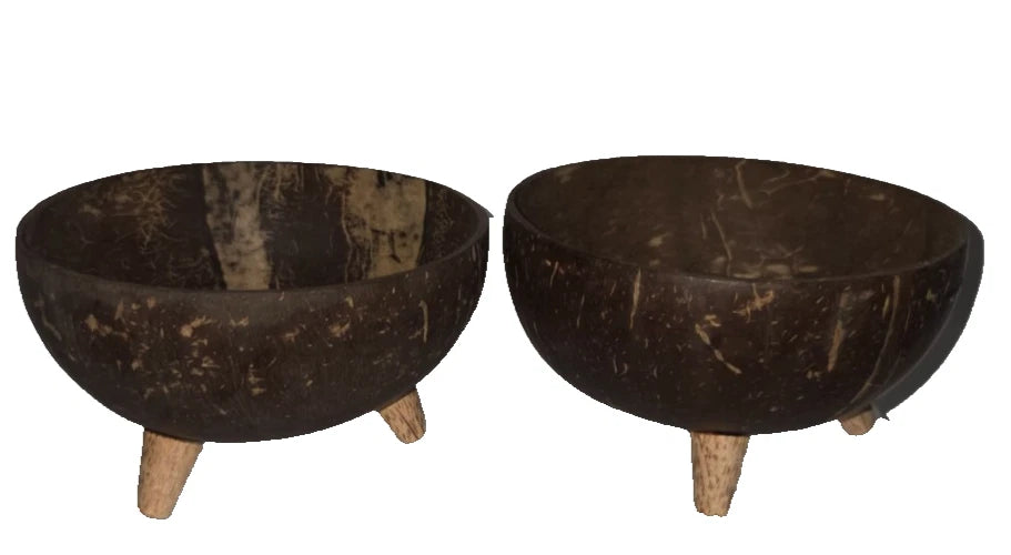 Set of 2 Coconut Bowls w/ Wooden Legs Natural Handmade Rustic Decor