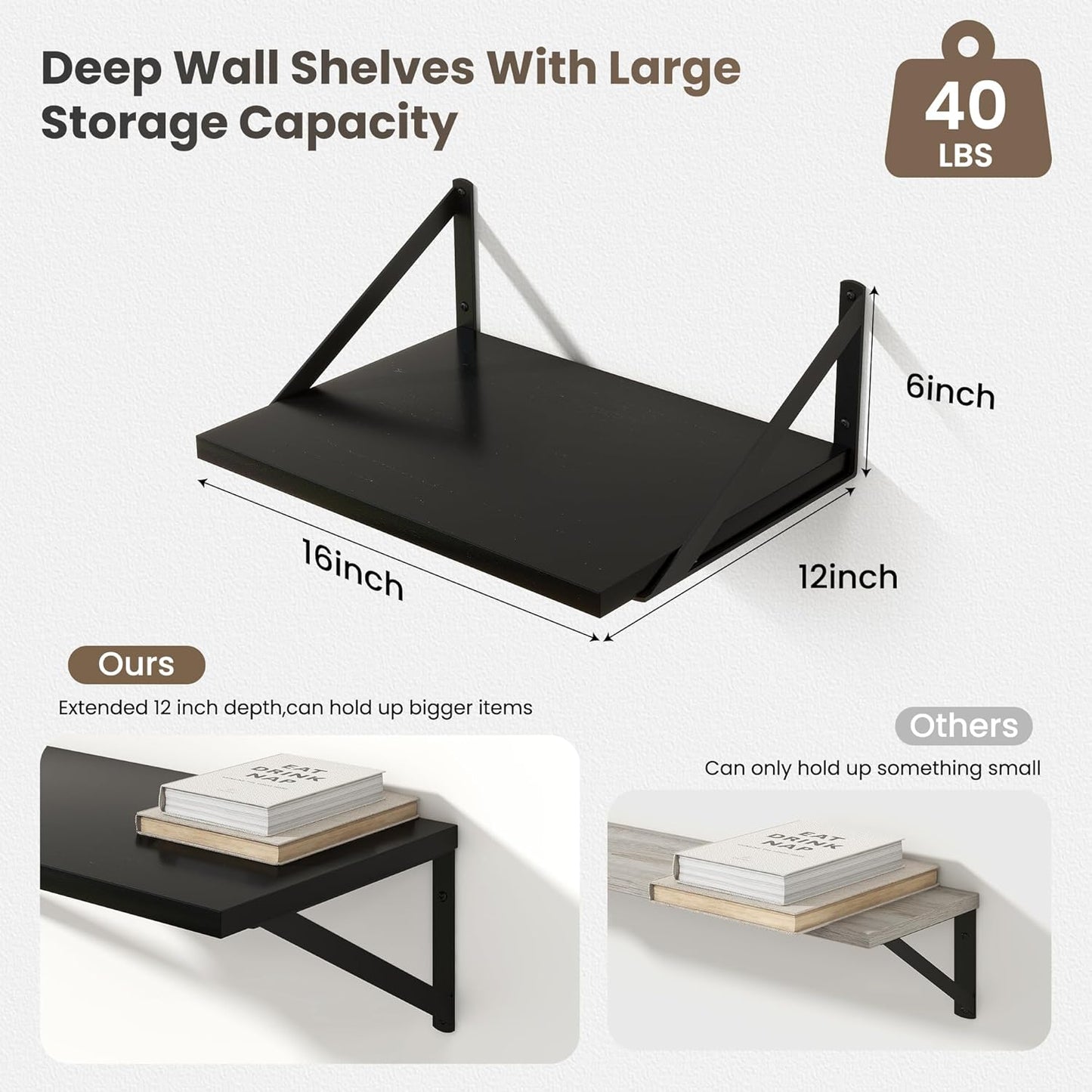 Set of 4 Floating Wall Shelves Black Wood Mount Storage Display Shelves
