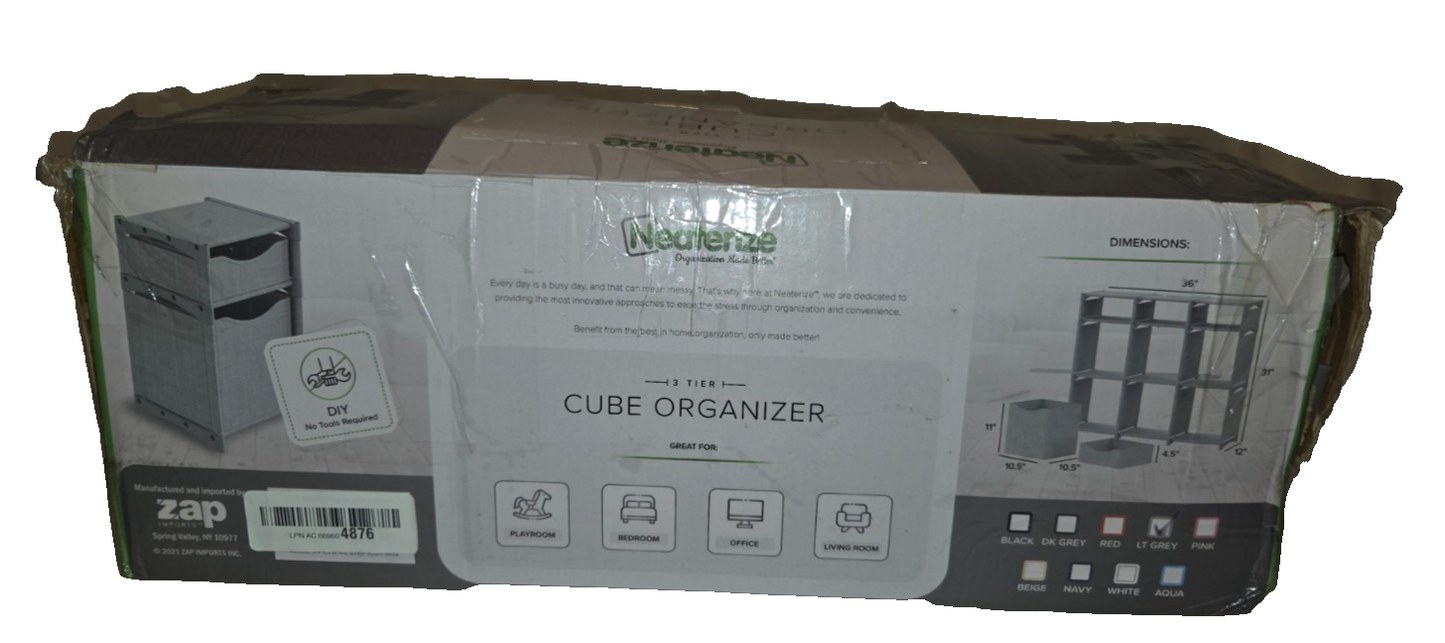 Neaterize 3-Tier Cube Organizer – 9 Cube Storage Shelf – Gray – New Open Box