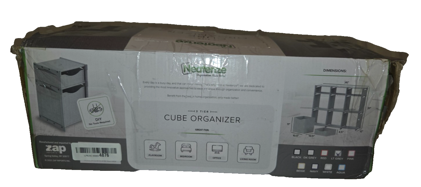 Neaterize 3-Tier Cube Organizer – 9 Cube Storage Shelf – Gray – New Open Box