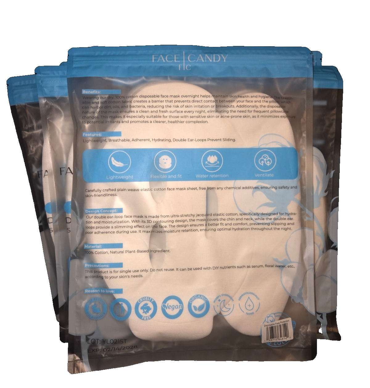 Face Candy 100% Cotton Disposable Night Face Masks 7 Packs Skin Protection 210ct