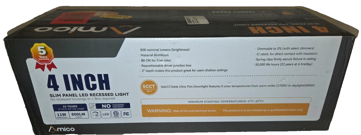 Amico 12-Pack 4” Slim Panel LED Recessed Lights – 5 Color Selectable – 800LM