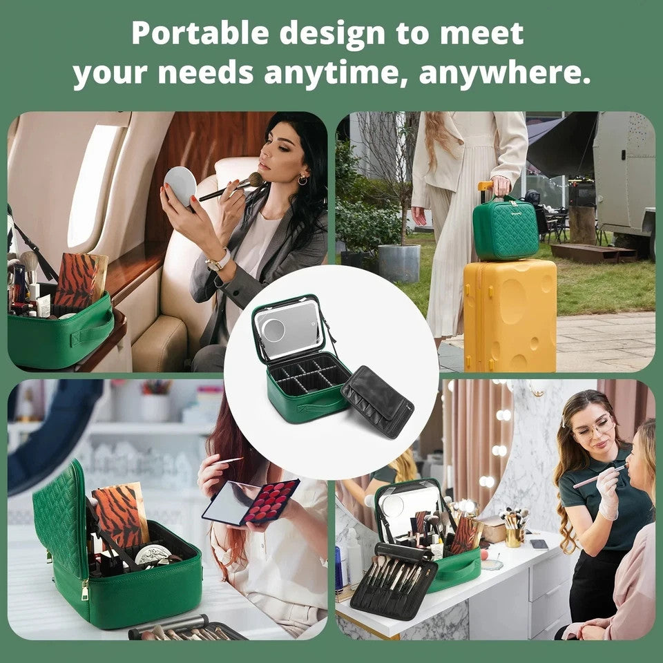Omobolanle LED Travel Mirror with Quilted Green Cosmetic Organizer Case