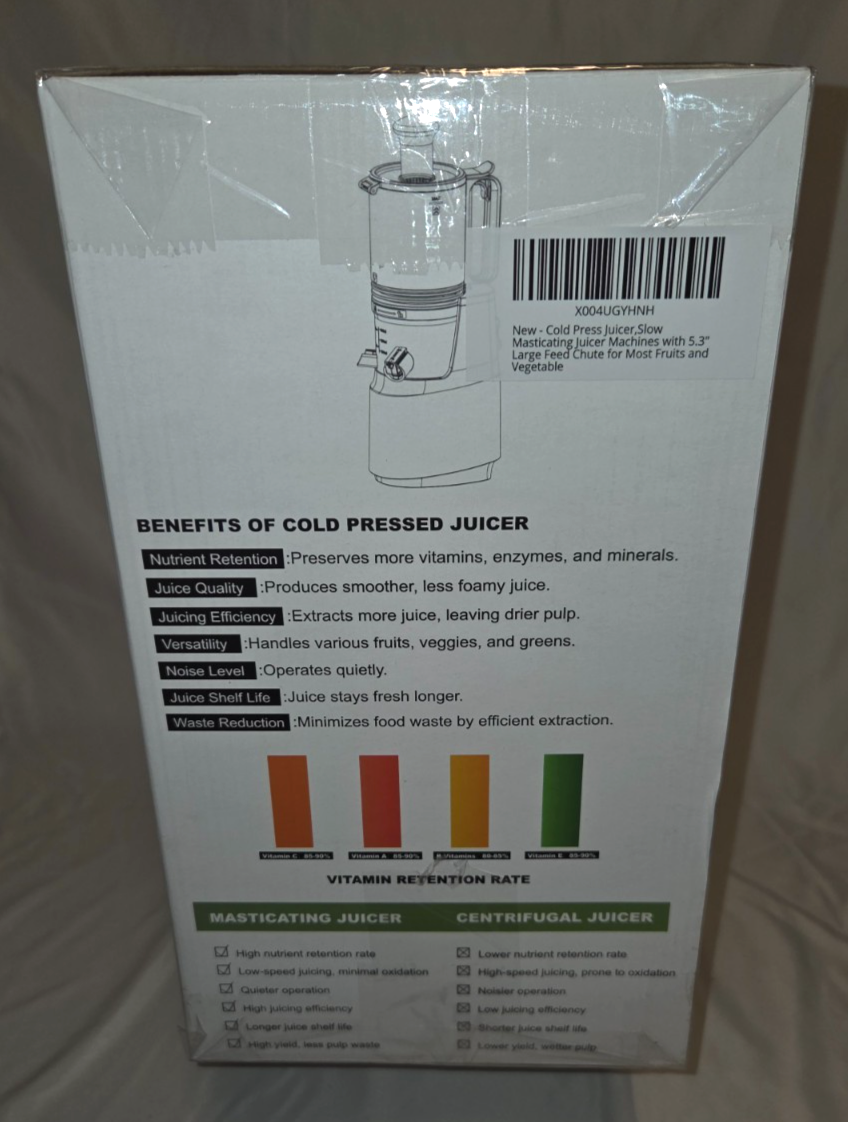 Masticating Juicer Cold Press Slow Juicer – 250W – BPA-Free – Low Noise – Large