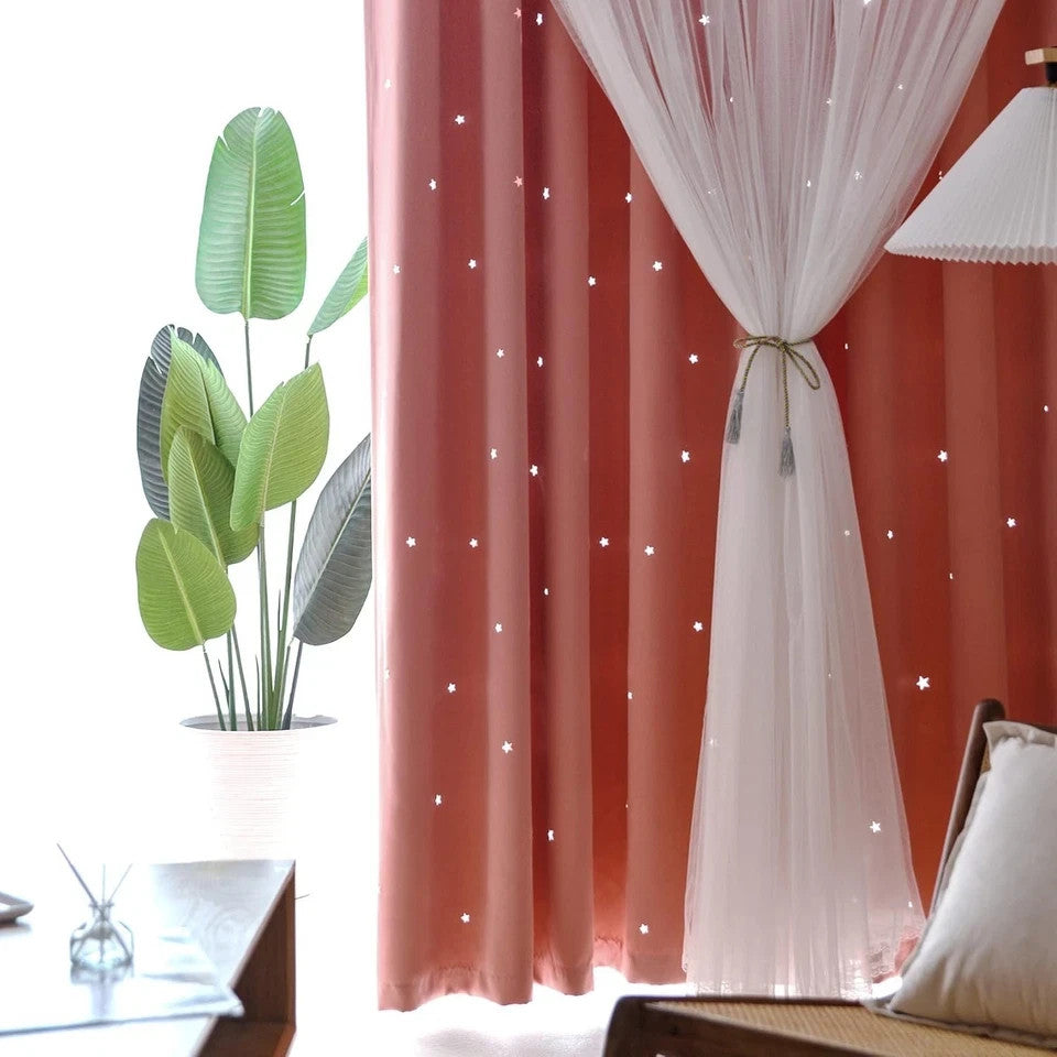 Kinryb Pink Star Cutout Curtains with Sheer Overlay – 2 Panels, Grommet Top