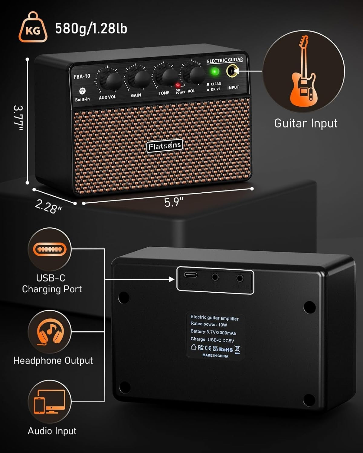 FBA-10 Electric Guitar Amplifier - 10W - Bluetooth - Aux & Headphone Output