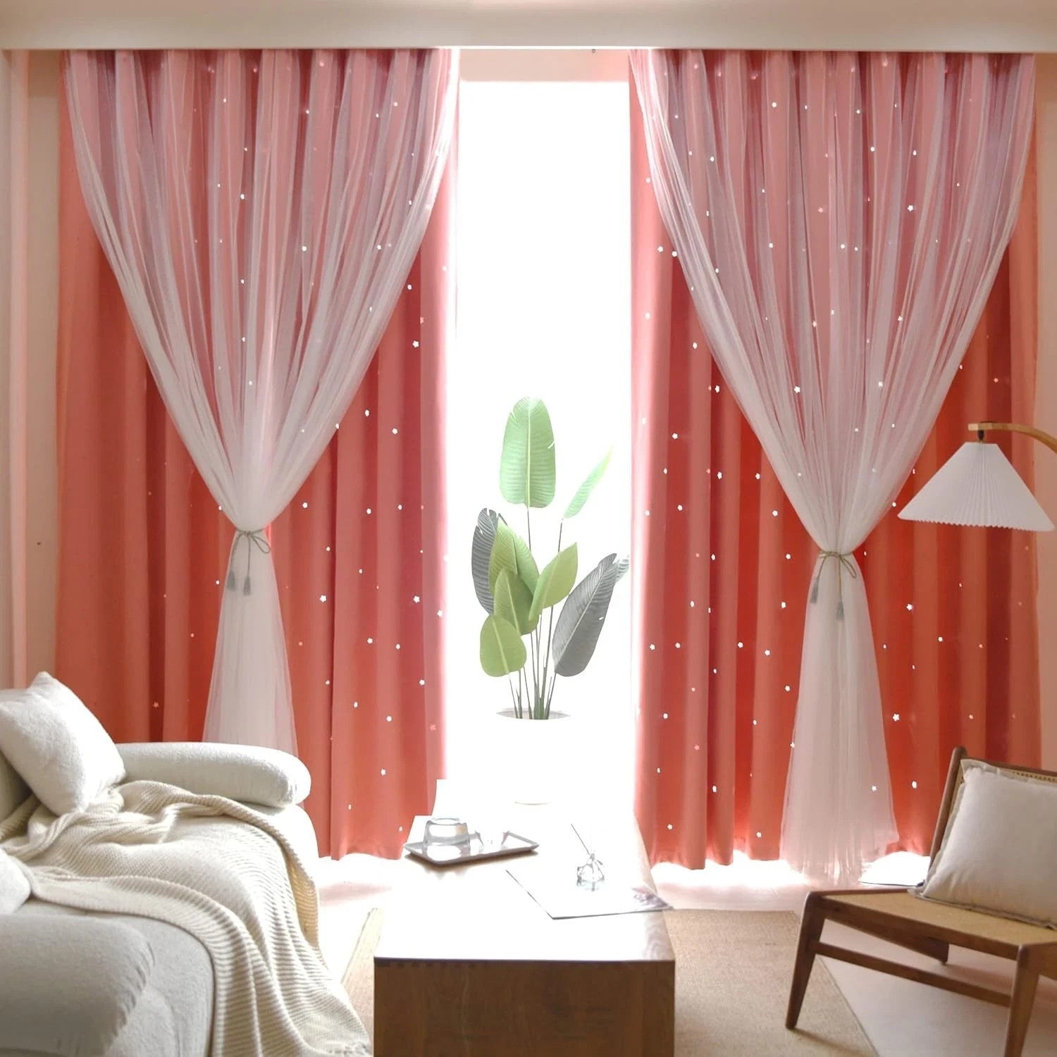 Kinryb Pink Star Cutout Curtains with Sheer Overlay – 2 Panels, Grommet Top