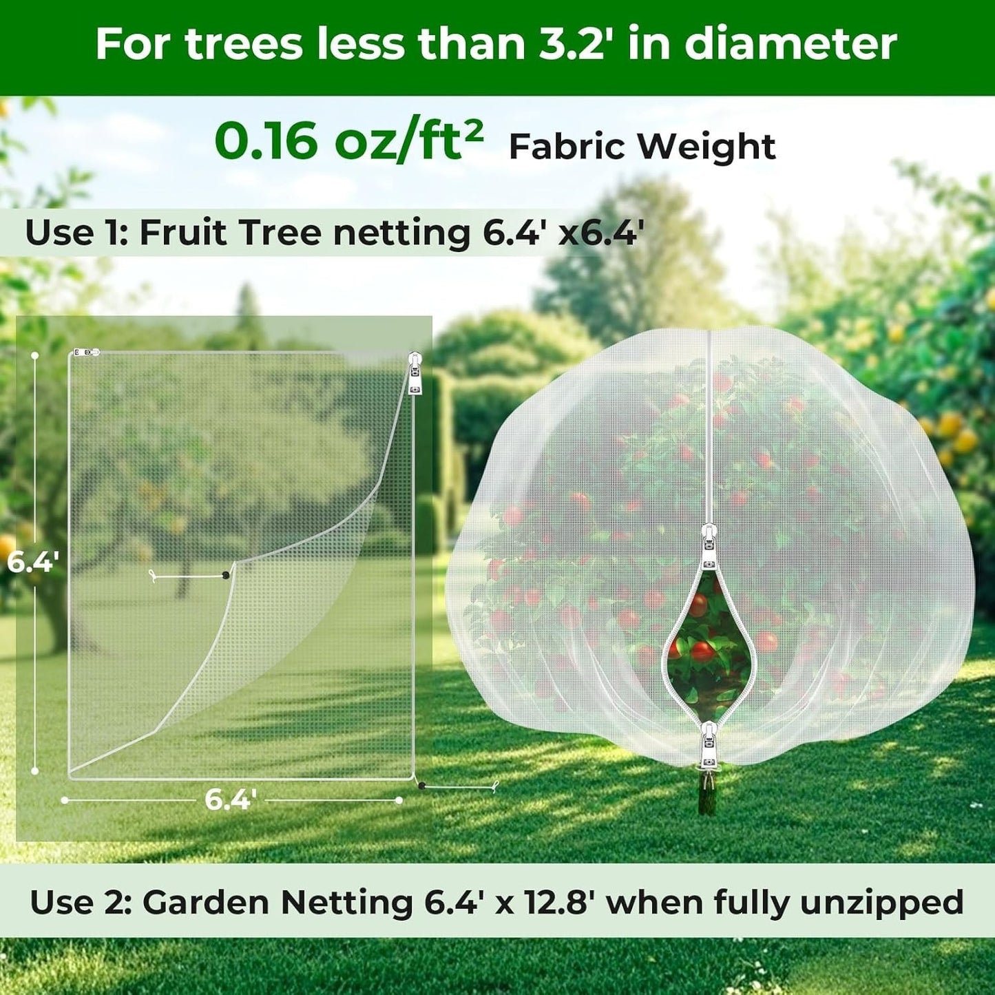 Fruit Tree Netting with 2-Way Zipper & Drawstring - 6.4'X6.4' Garden Plant Net