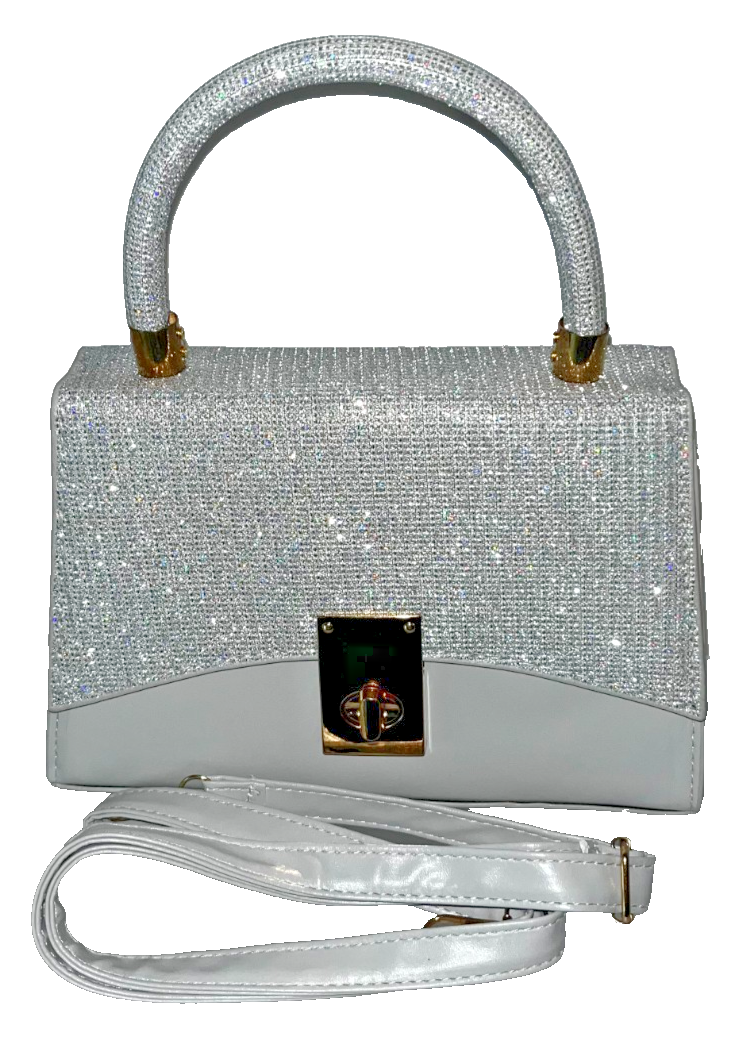 Silver Rhinestone Evening Bag, Top Handle Clutch Purse With Strap Wedding Formal