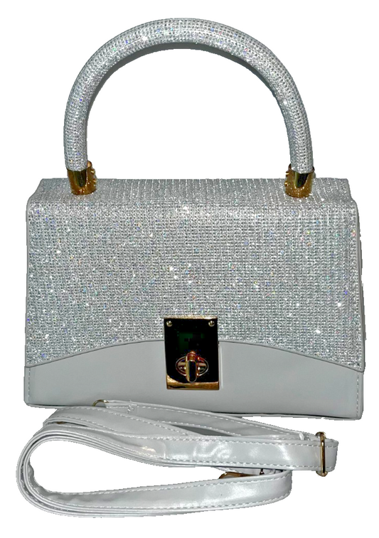 Silver Rhinestone Evening Bag, Top Handle Clutch Purse With Strap Wedding Formal