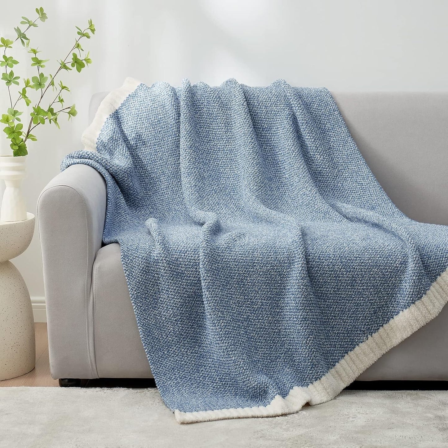 Snuggle Sac Plush Throw Blanket Blue & White – Soft Cozy Couch Bed Blanket