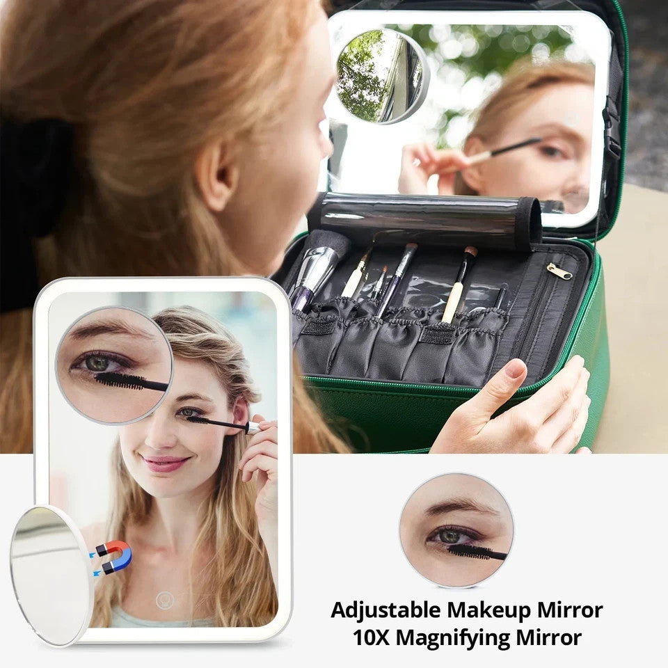 Omobolanle LED Travel Mirror with Quilted Green Cosmetic Organizer Case