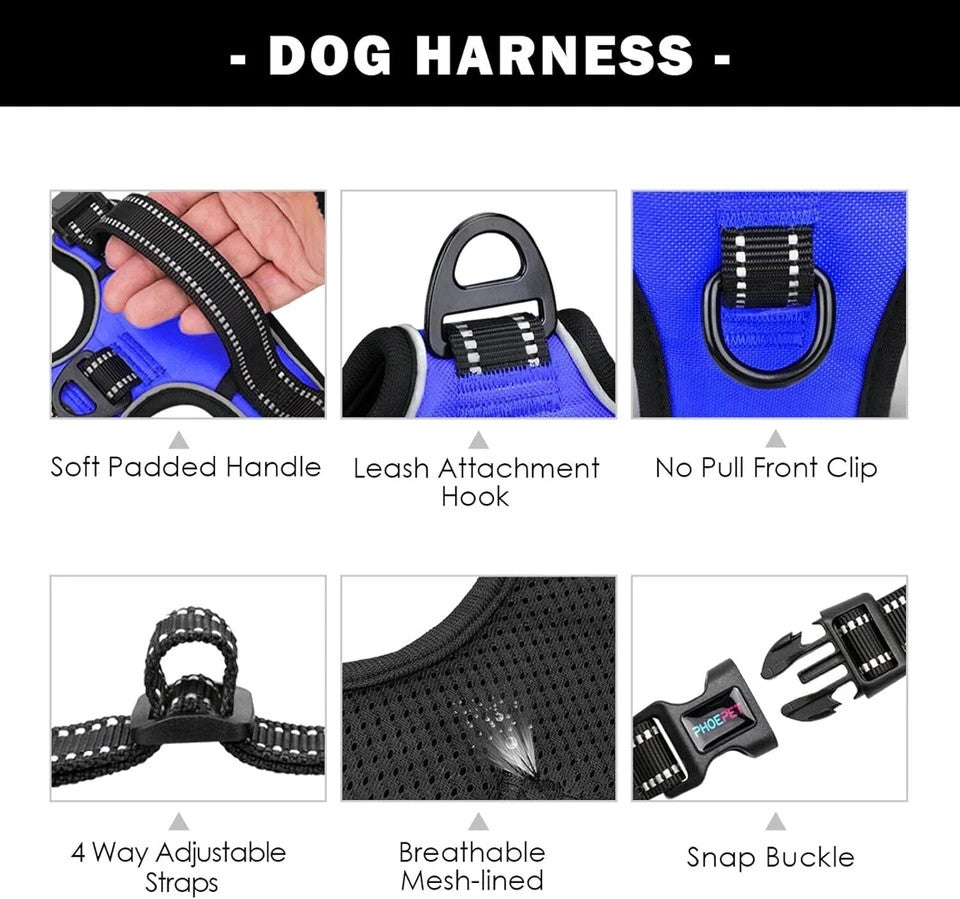 PHOEPET No Pull Dog Harness – Size: Extra Large, Royal Blue Adjustable Pet Vest