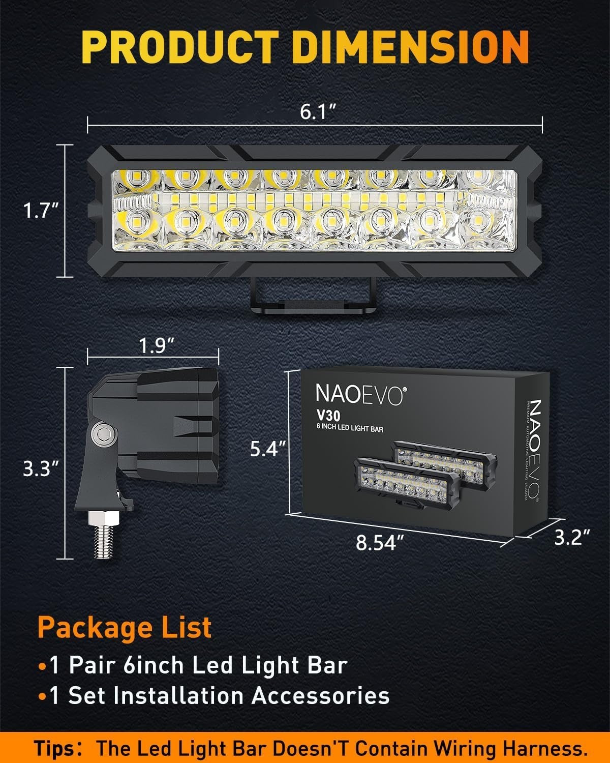 NAOEVO V30 6-Inch LED Light Bar – Pair Off-Road Driving Lights Spot Flood Combo