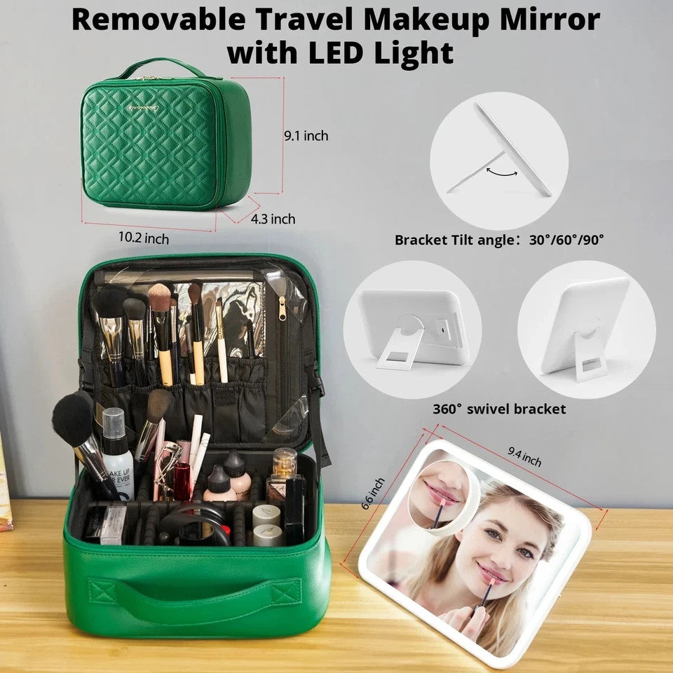 Omobolanle LED Travel Mirror with Quilted Green Cosmetic Organizer Case
