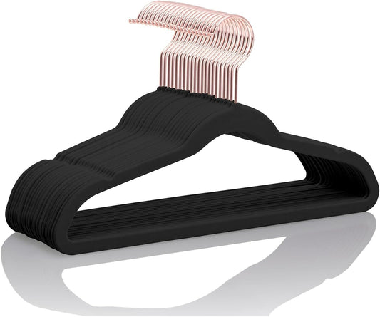 Kids Velvet Hangers - 50 Pack Black Rose Gold Hooks | Childrens Youth Clothes