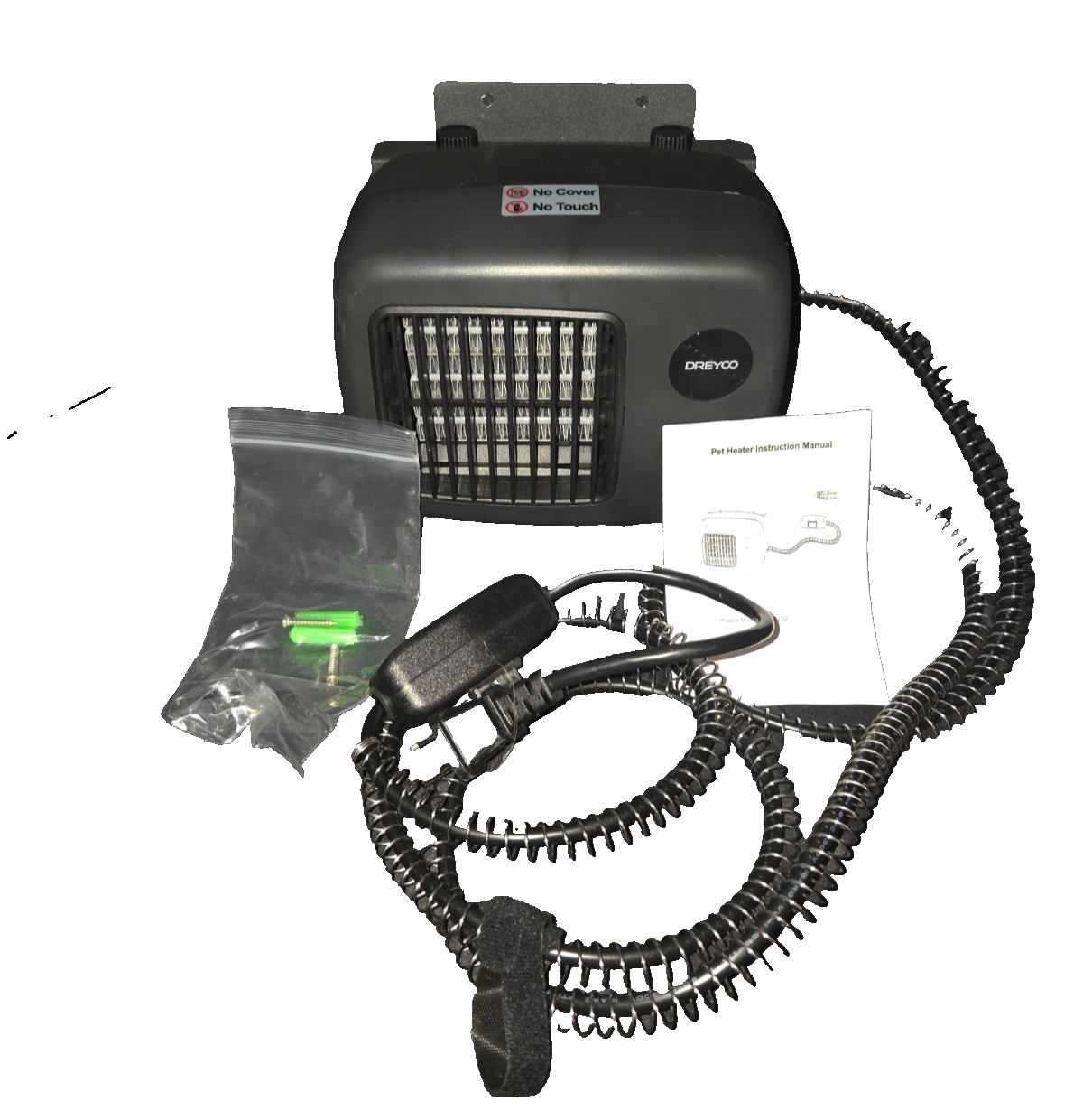 DREYOO Pet House Heater 600W – Dog House Heater w/ Chew-Resistant Cord (Black)
