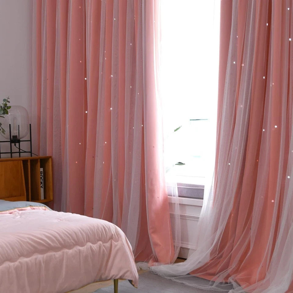 Kinryb Pink Star Cutout Curtains with Sheer Overlay – 2 Panels, Grommet Top