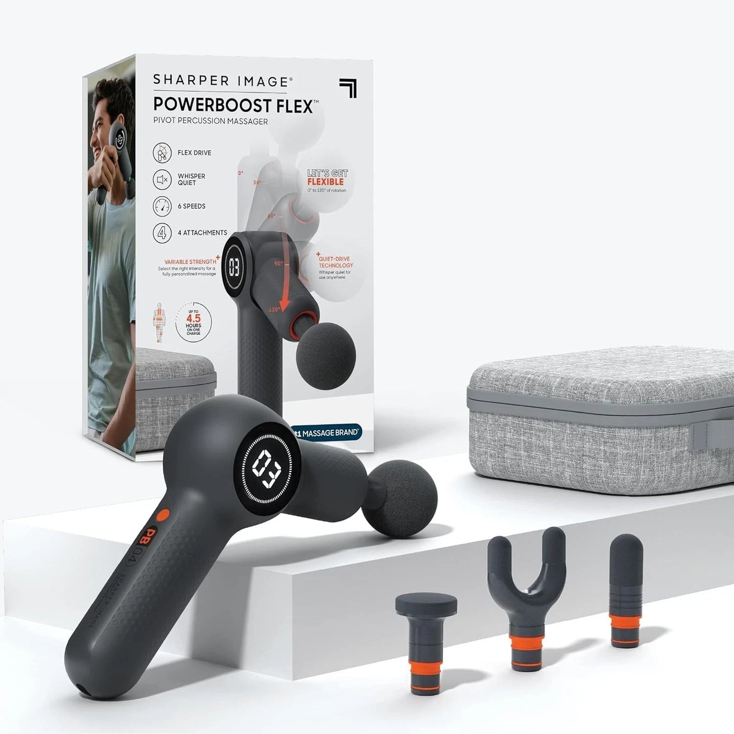 Sharper Image Powerboost Flex Pivot Percussion Massager – 6 Speeds, 4 Attachment