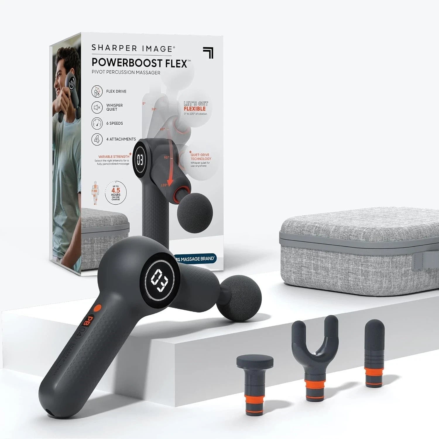 Sharper Image Powerboost Flex Pivot Percussion Massager – 6 Speeds, 4 Attachment