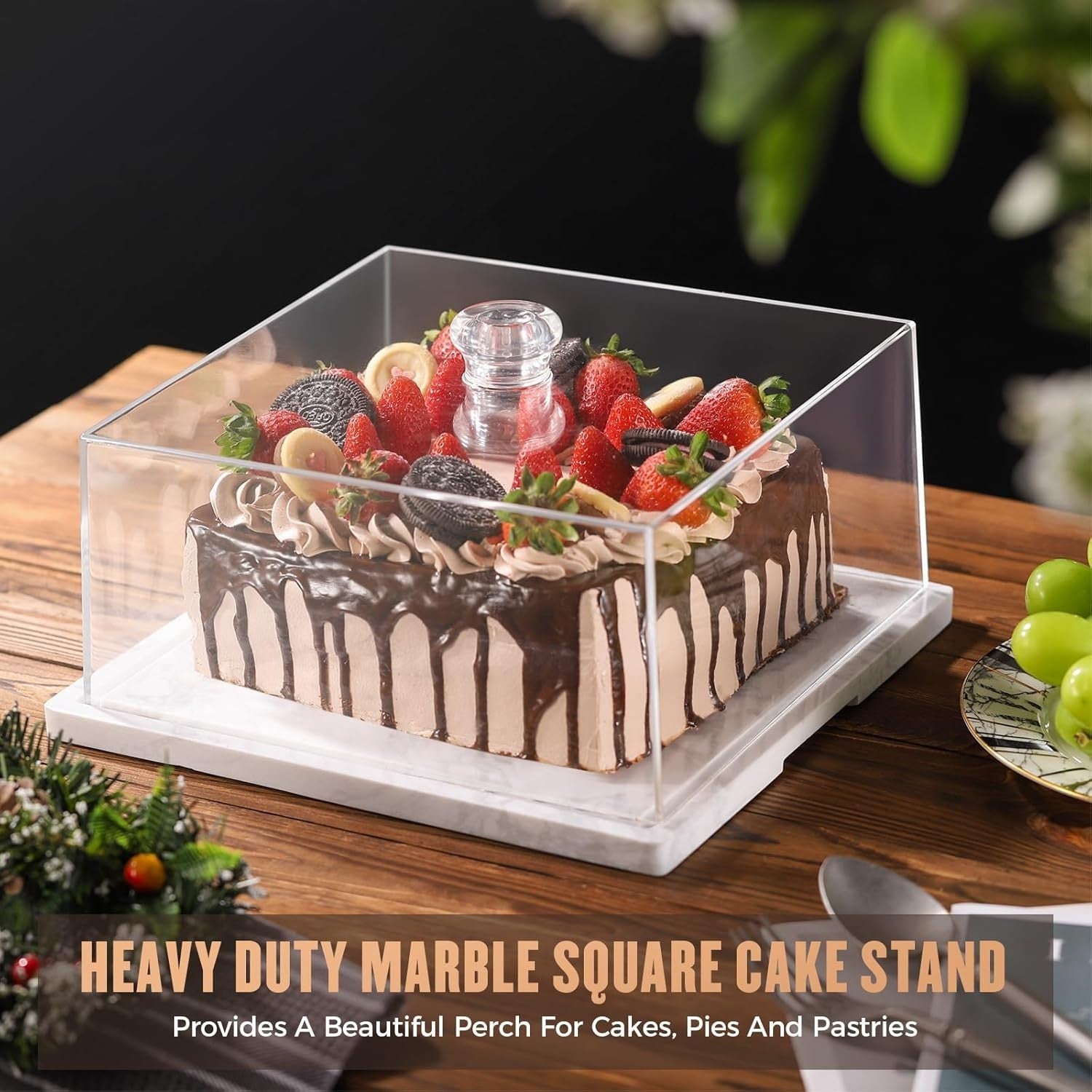 Square Marble Cake Stand with Lid CherHome Dessert Display Tray Kitchen