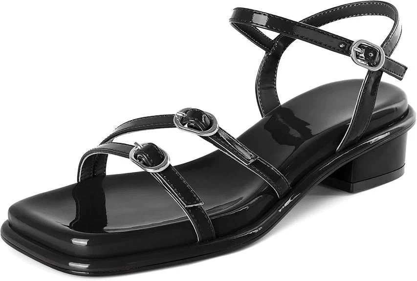 Soireelady Low Block Heel Sandals for Women Square Open Toe Chunky Sandals Ankle