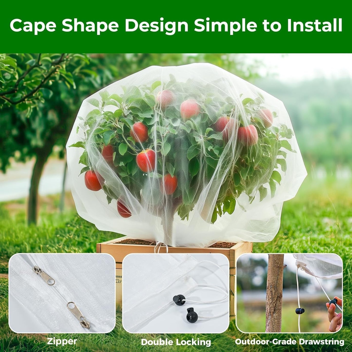 Fruit Tree Netting with 2-Way Zipper & Drawstring - 6.4'X6.4' Garden Plant Net