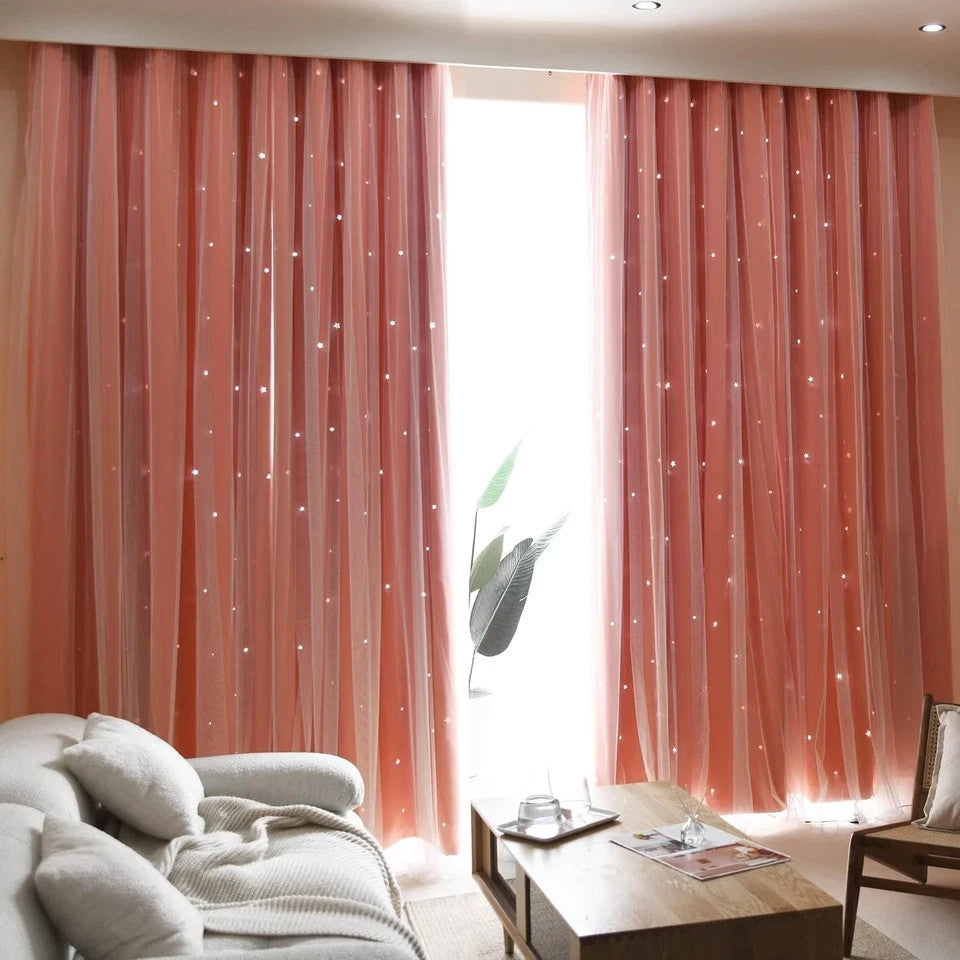 Kinryb Pink Star Cutout Curtains with Sheer Overlay – 2 Panels, Grommet Top