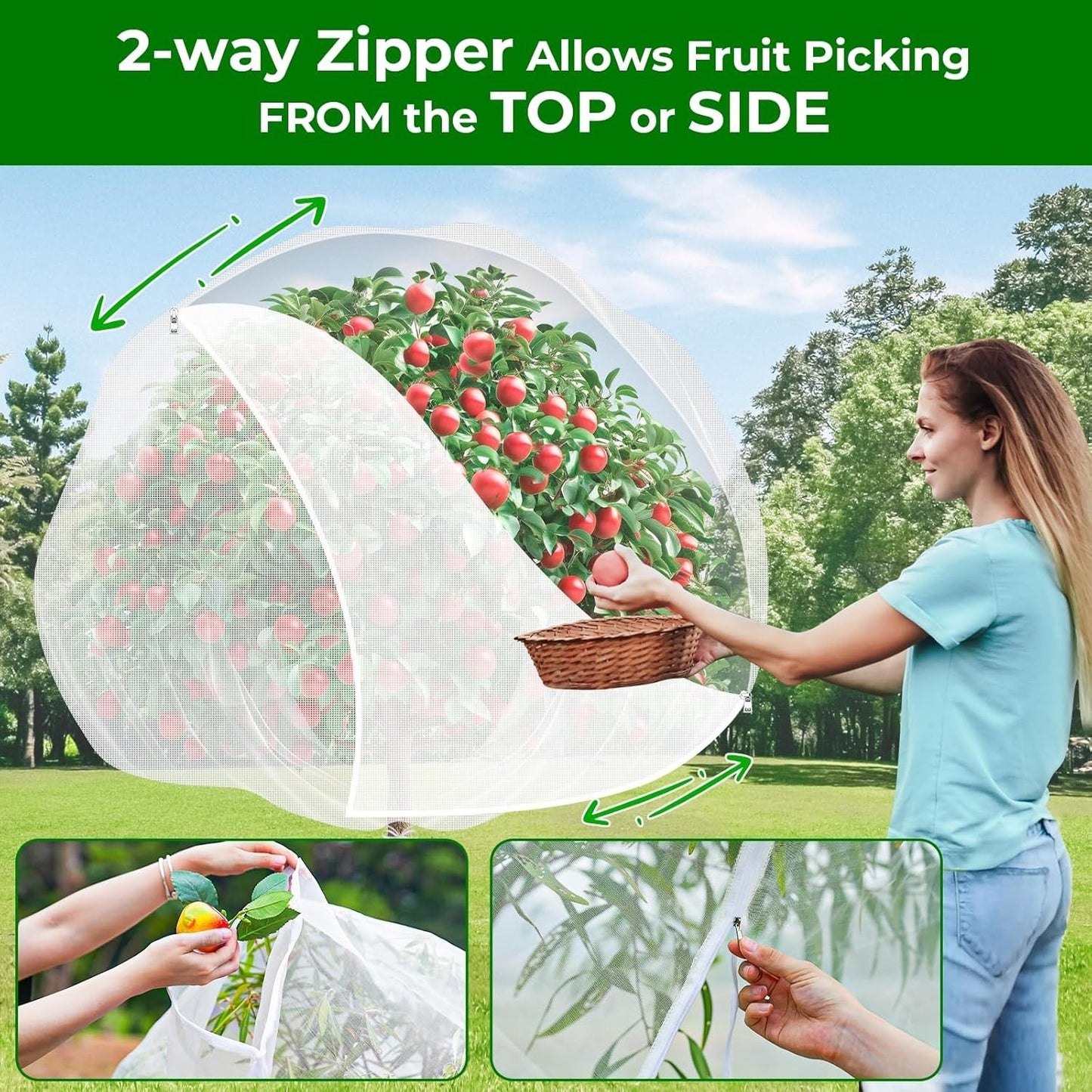 Fruit Tree Netting with 2-Way Zipper & Drawstring - 6.4'X6.4' Garden Plant Net
