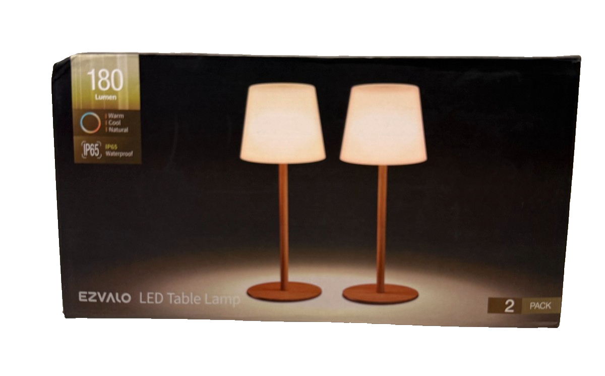 EZVALO LED Table Lamp 2-Pack–Wireless Rechargeable, 180 Lumens, IP65 Waterproof