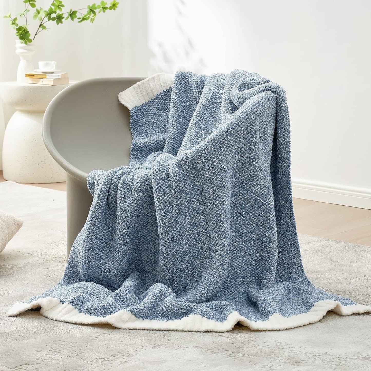 Snuggle Sac Plush Throw Blanket Blue & White – Soft Cozy Couch Bed Blanket