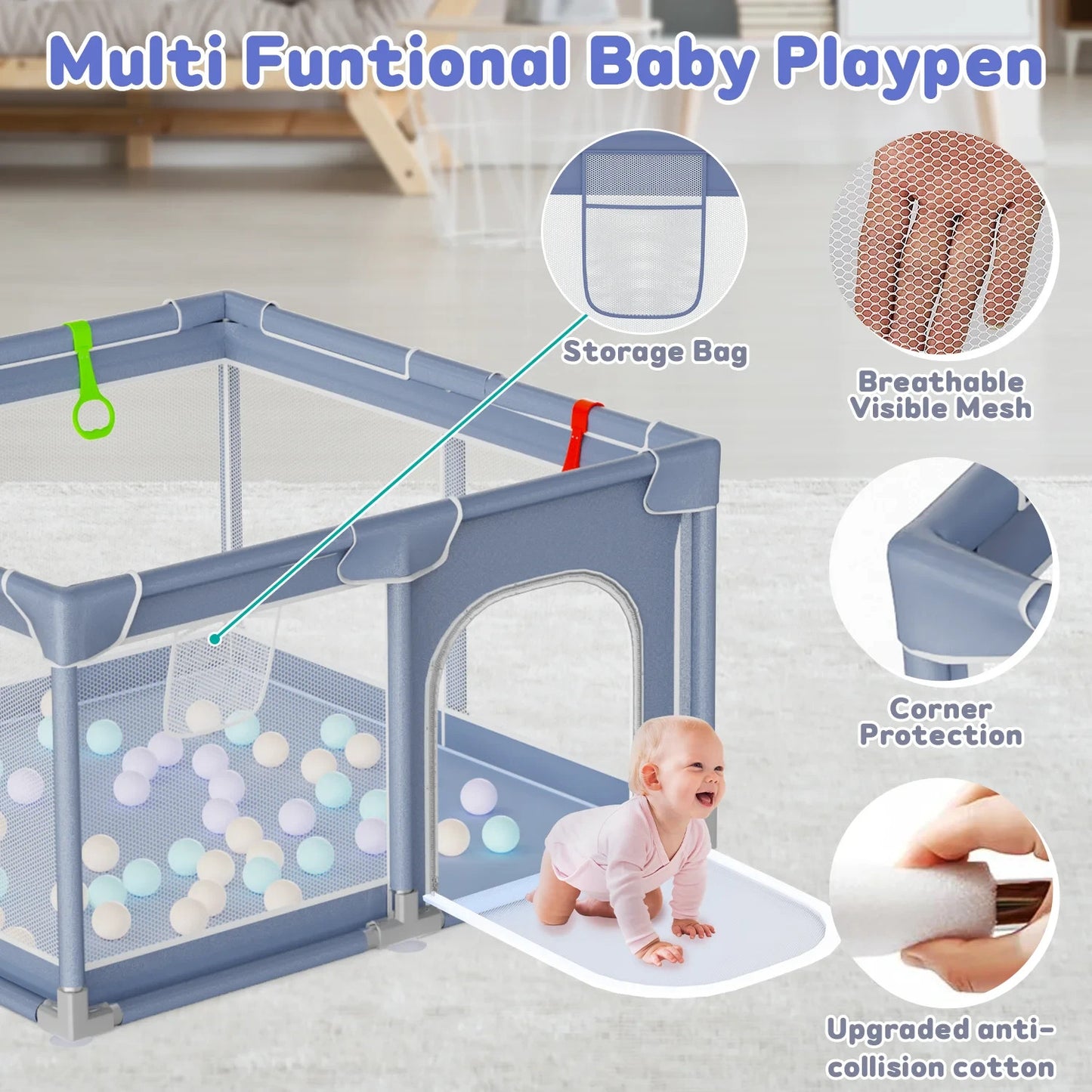 Baby Play Fence Playpen Indoor Safety Enclosure w/ Mesh & Metal Tubes – New