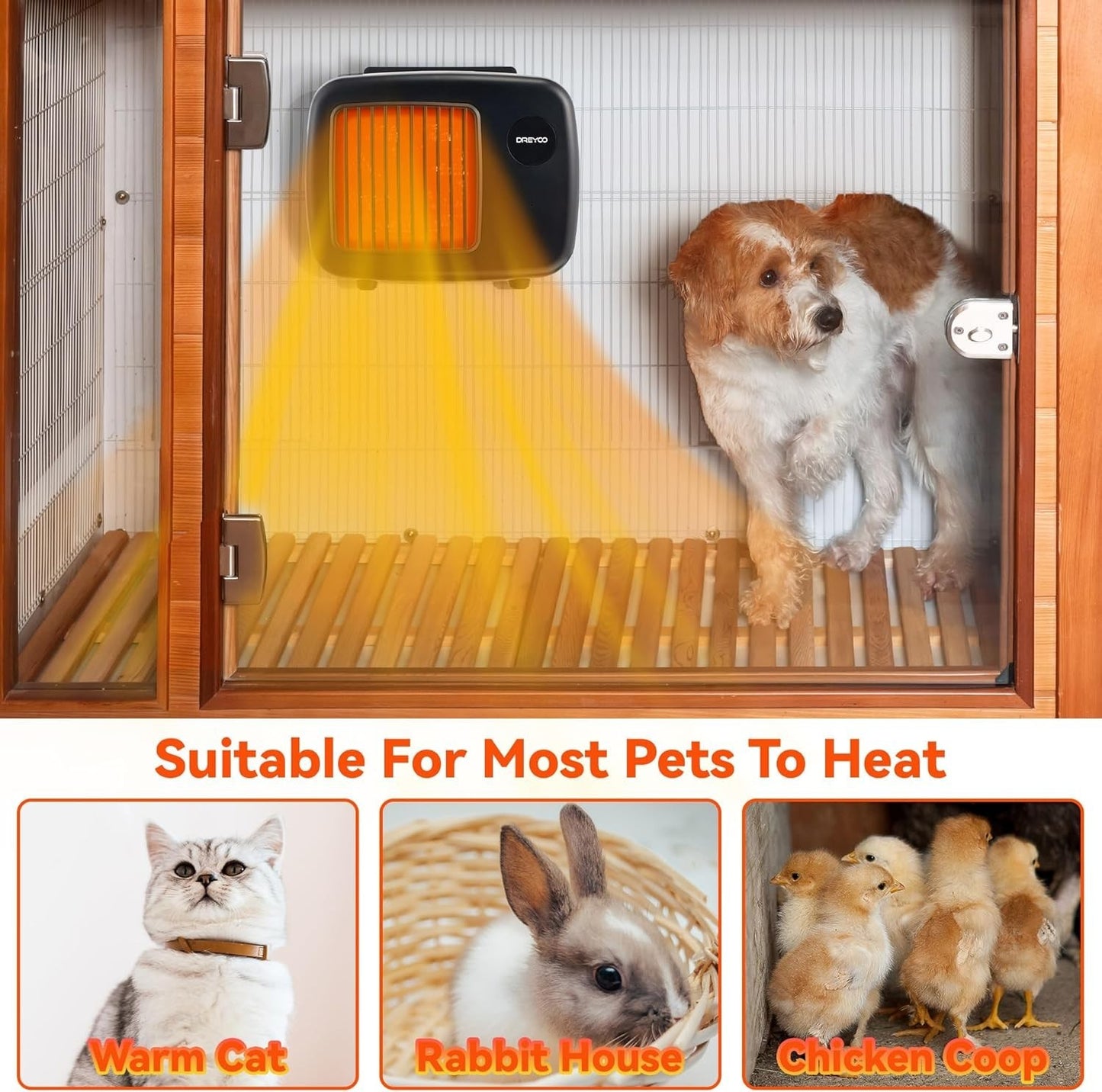 DREYOO Pet House Heater 600W – Dog House Heater w/ Chew-Resistant Cord (Black)