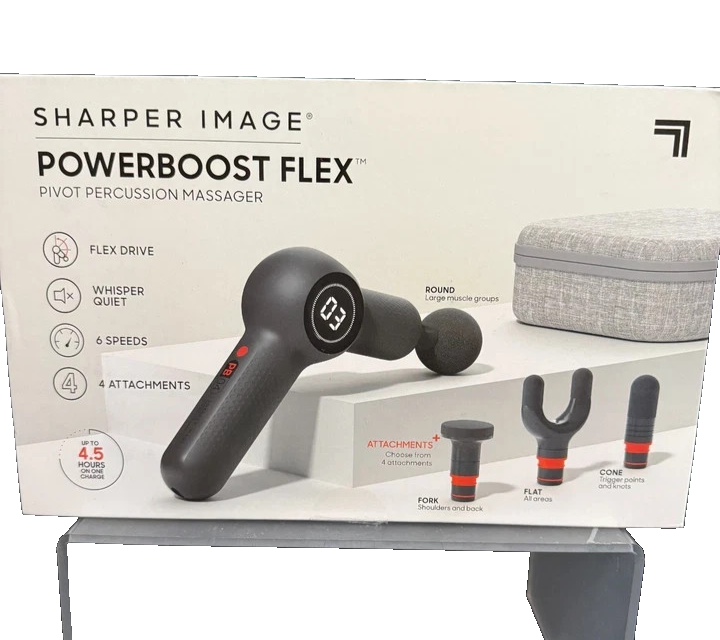 Sharper Image Powerboost Flex Pivot Percussion Massager – 6 Speeds, 4 Attachment