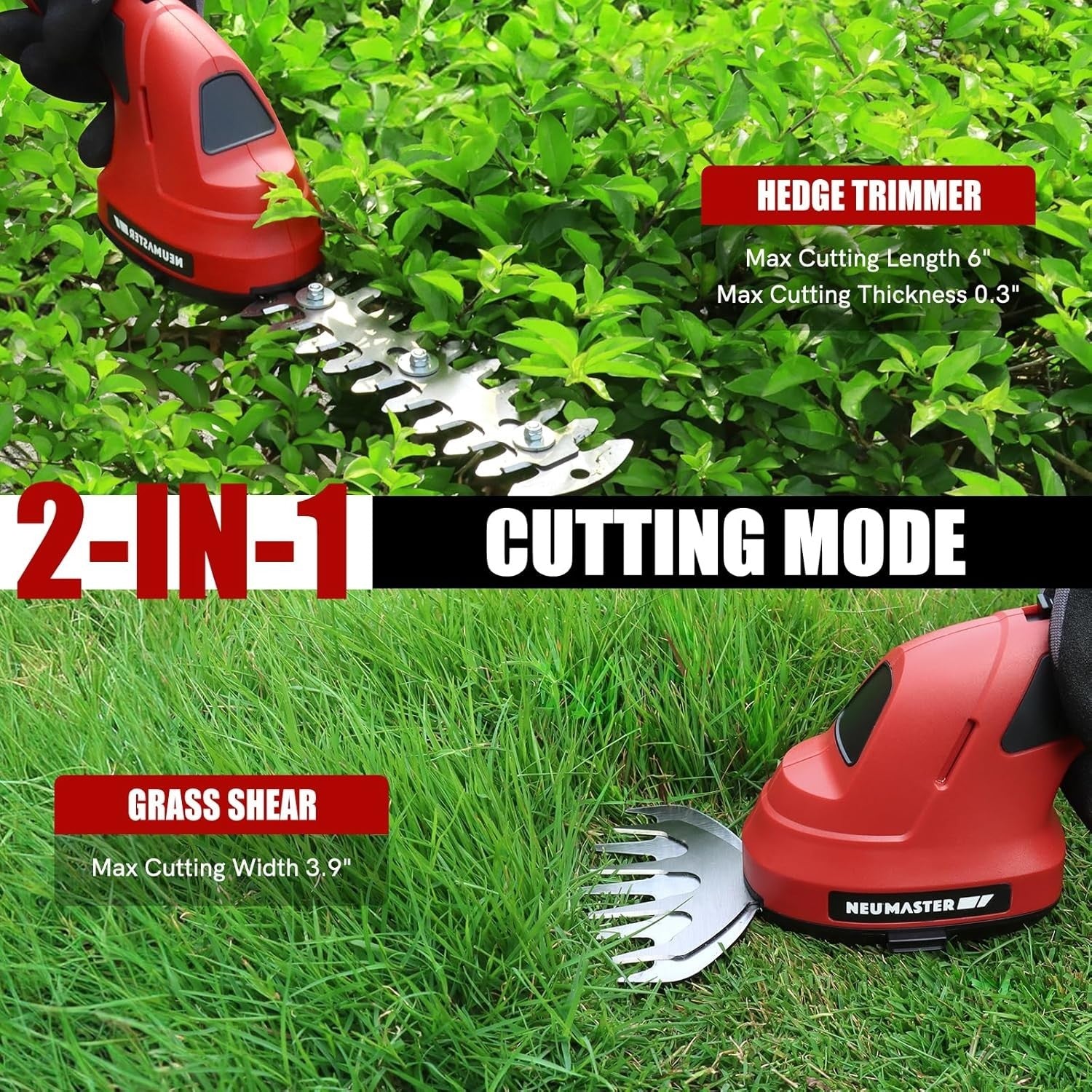 NEU MASTER 2-in-1 Cordless Grass Shear & Hedge Trimmer - 7.2V, 2.0Ah Battery