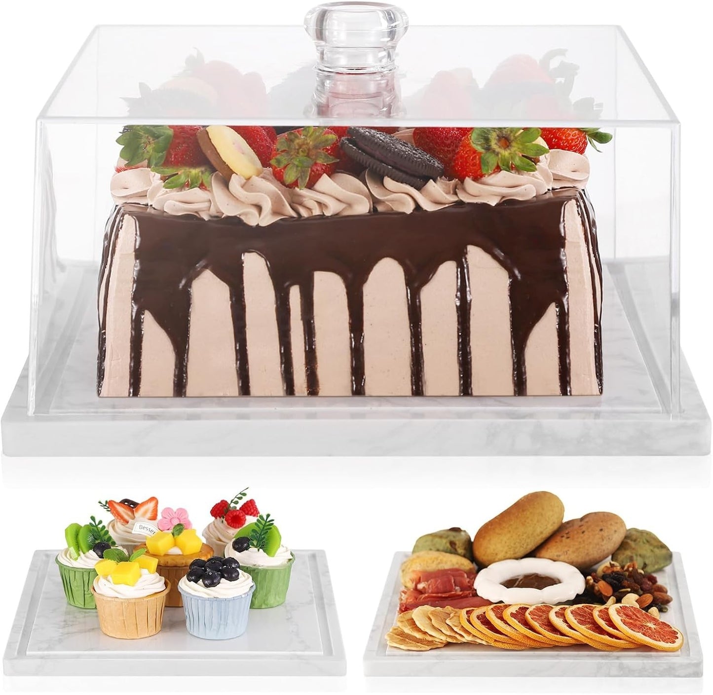 Square Marble Cake Stand with Lid CherHome Dessert Display Tray Kitchen