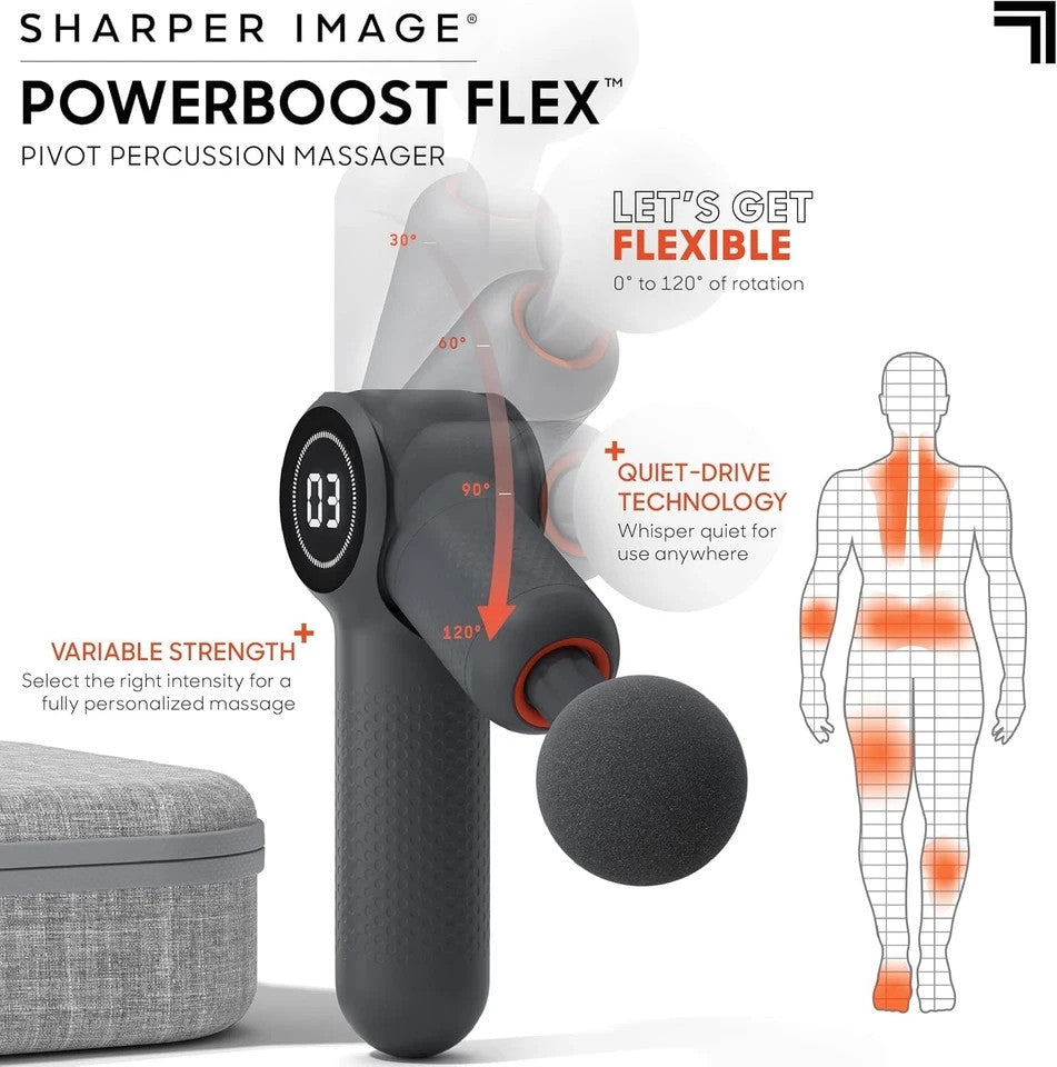 Sharper Image Powerboost Flex Pivot Percussion Massager – 6 Speeds, 4 Attachment