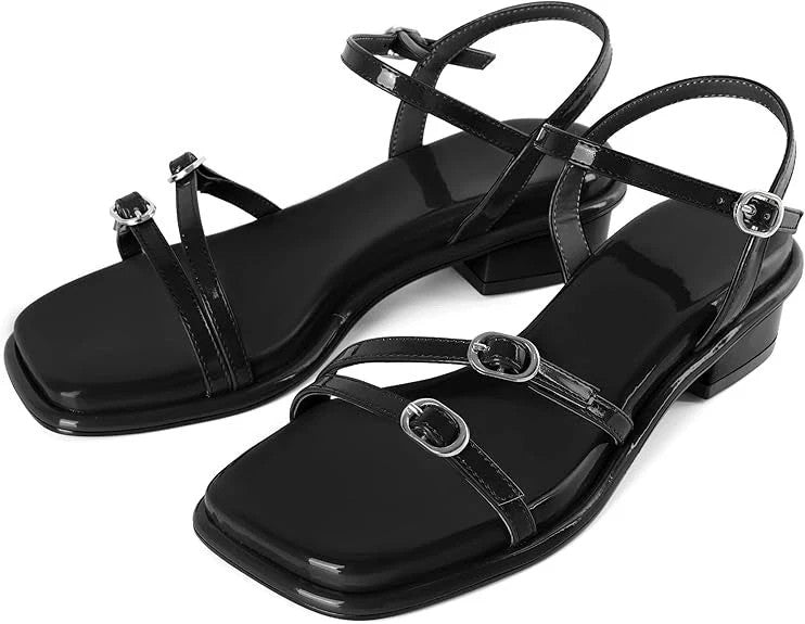 Soireelady Low Block Heel Sandals for Women Square Open Toe Chunky Sandals Ankle