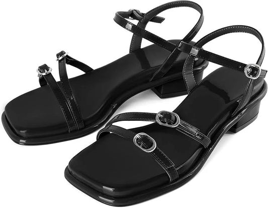Soireelady Low Block Heel Sandals for Women Square Open Toe Chunky Sandals Ankle