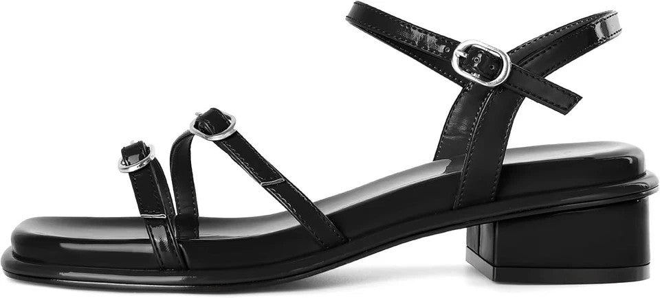 Soireelady Low Block Heel Sandals for Women Square Open Toe Chunky Sandals Ankle