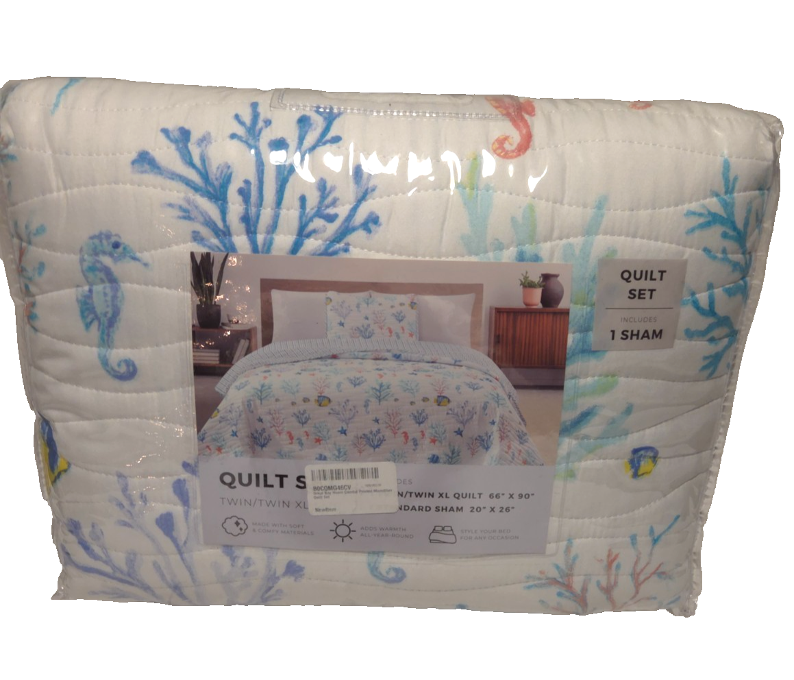 Great Bay Home Coastal Quilt Set Twin XL Nautical Microfiber Bedspread 2pc