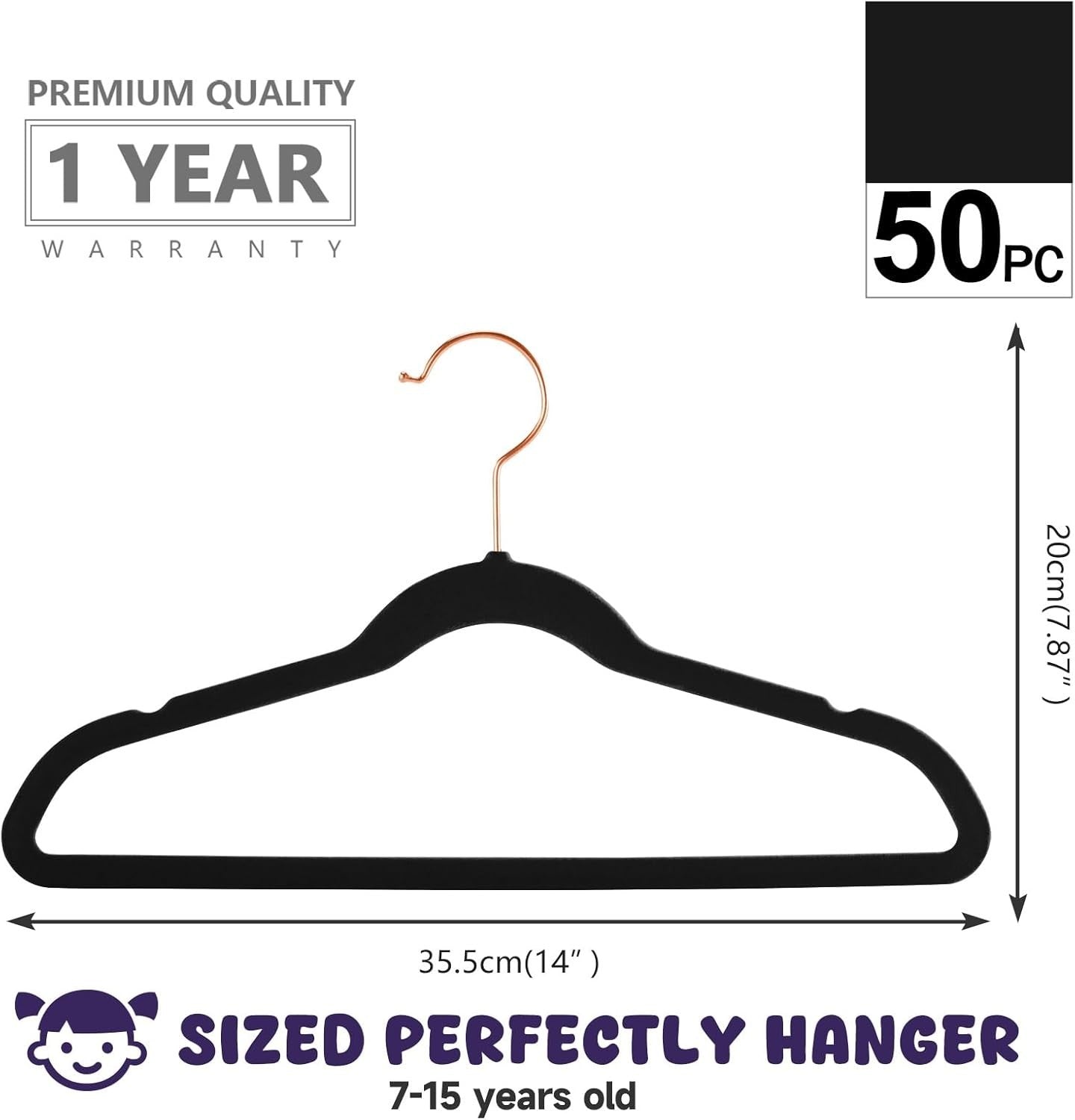 Kids Velvet Hangers - 50 Pack Black Rose Gold Hooks | Childrens Youth Clothes