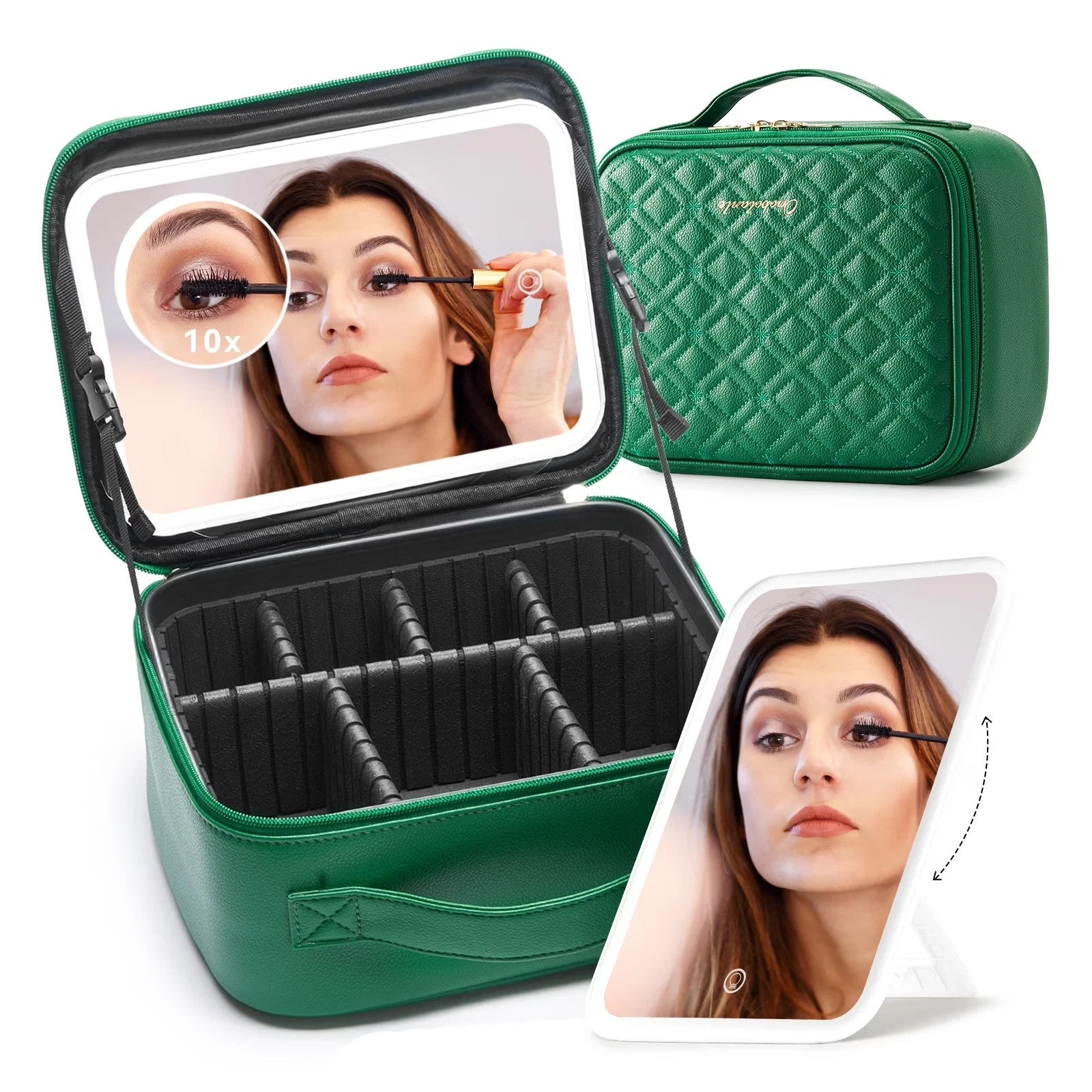 Omobolanle LED Travel Mirror with Quilted Green Cosmetic Organizer Case