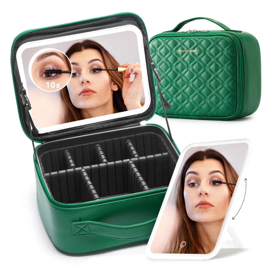 Omobolanle LED Travel Mirror with Quilted Green Cosmetic Organizer Case